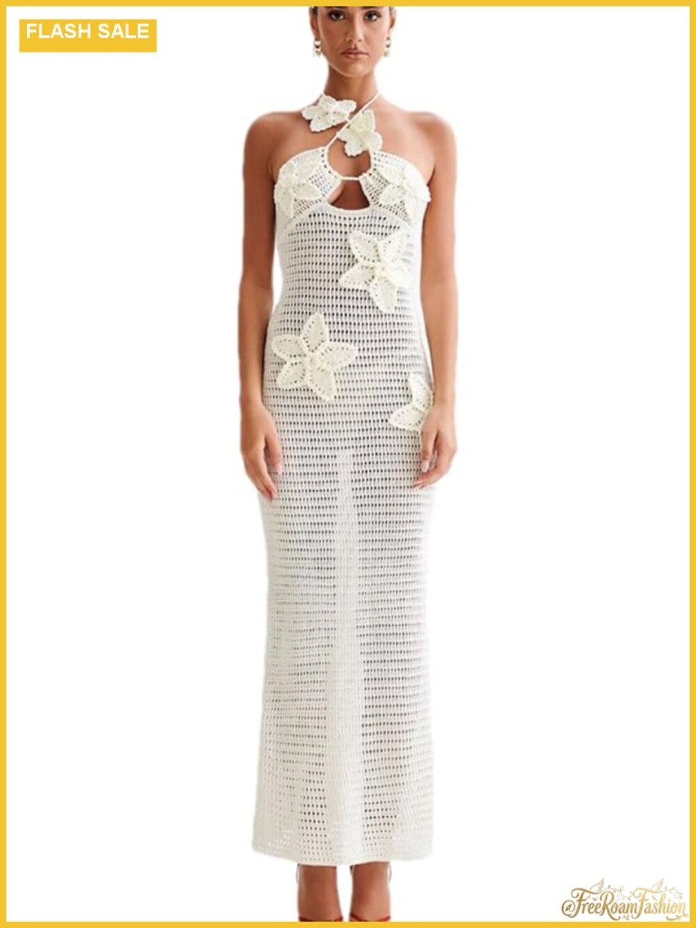 Women's Halter 3D Floral Knitted Hollow Out Backless Beach Swimsuit Cover Up
